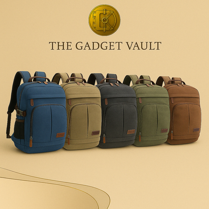 Vijf canvas rugzakken in blauw, beige, zwart, olijfgroen en bruin, elegant gepresenteerd op een beige achtergrond met het gouden kluislogo en merknaam van The Gadget Vault, met nadruk op hun duurzame materialen, lederen accenten en veelzijdige design.