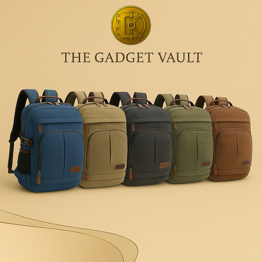 Vijf canvas rugzakken in blauw, beige, zwart, olijfgroen en bruin, elegant gepresenteerd op een beige achtergrond met het gouden kluislogo en merknaam van The Gadget Vault, met nadruk op hun duurzame materialen, lederen accenten en veelzijdige design.