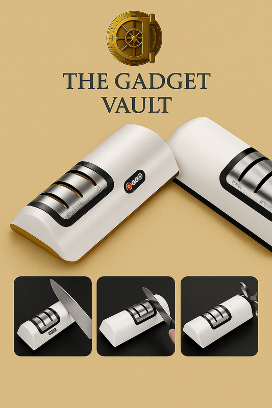 Twee elektrische messenslijpers in witte uitvoering (met gouden en zwarte accenten) op een luxe zwarte ondergrond, met close-ups van het slijpen van messen en een schaar – The Gadget Vault branding.