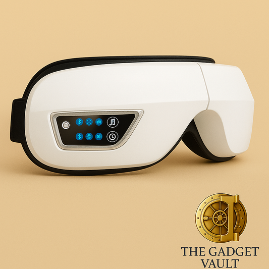 Witte draadloze oogmassagebril met digitaal bedieningspaneel en blauwe icoontjes, getoond op een warme beige achtergrond met het logo van The Gadget Vault rechtsonder.