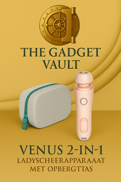 Digitale promotieafbeelding van het product Venus 2-in-1 Ladyscheerapparaat met opbergtas van The Gadget Vault. Afgebeeld is een zachtroze elektrisch scheerapparaat naast een stijlvolle grijs-groene opbergtas, gepresenteerd tegen een luxe goudkleurige achtergrond met het kluislogo van The Gadget Vault bovenaan.