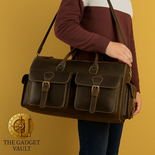 Man houdt een donkerbruine Crazy Horse leren weekendtas vast over de schouder, met dubbele voorzakken en messing gespen. De tas wordt gepresenteerd tegen een goudgele achtergrond, met het logo van The Gadget Vault subtiel linksonder.
