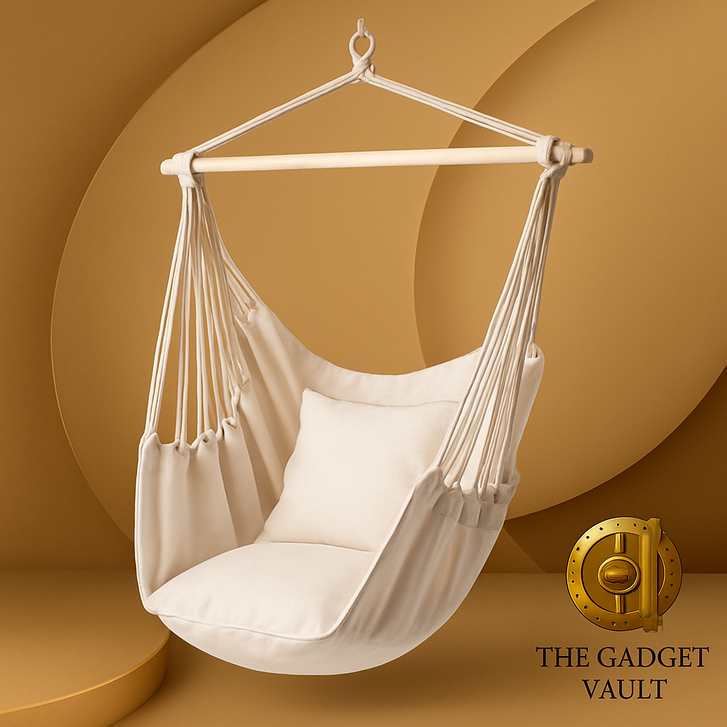 Crèmekleurige hangstoel met houten spreidstok en twee zachte kussens, elegant gepresenteerd tegen een luxe beige-gouden achtergrond met het logo van The Gadget Vault rechtsonder.