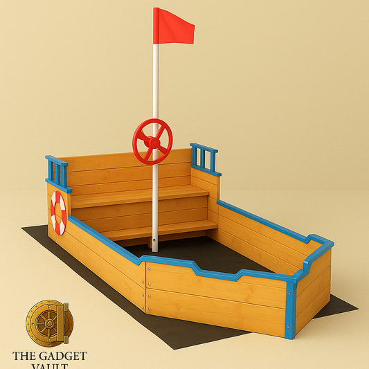 Houten zandbak in de vorm van een piratenschip met stuurwiel en rode vlag, op beige achtergrond met subtiel The Gadget Vault-logo linksonder – buitenspeelgoed voor fantasierijk spel.