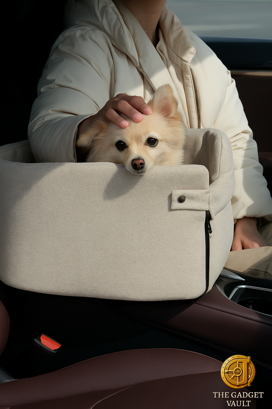 Crèmekleurige pomeriaan zit ontspannen in beige hondenautostoel op de passagiersstoel van een auto, met hand op het hoofdje en subtiel kluislogo van The Gadget Vault rechtsonder.