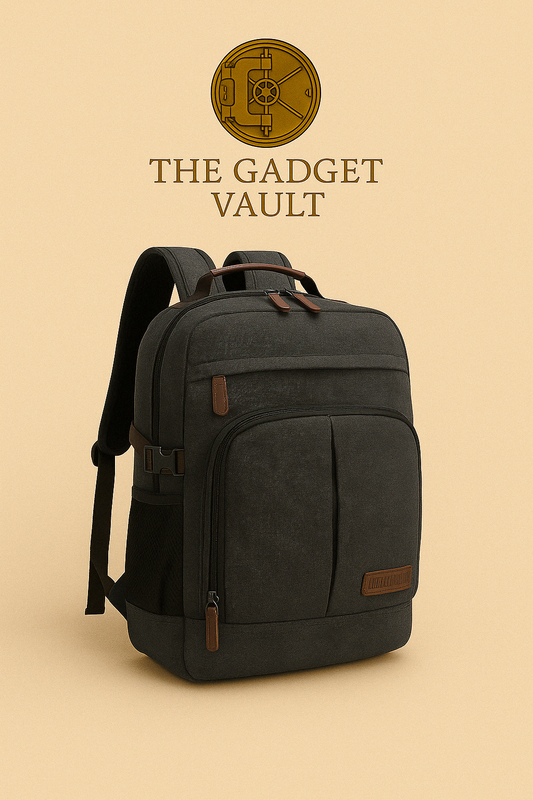 Zwarte canvas rugzak met lederen details, ruime opbergvakken en verstelbare schouderbanden, gepresenteerd op een beige achtergrond met het gouden kluislogo van The Gadget Vault.