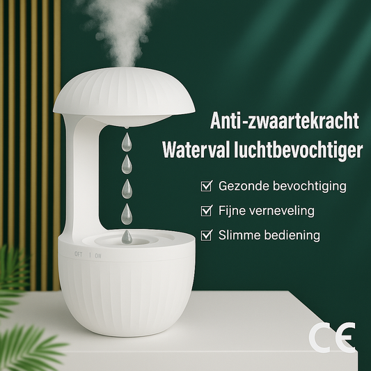 Close-up van een witte anti-zwaartekracht luchtbevochtiger met zwevende waterdruppels, op een moderne ondergrond met donkergroene achtergrond. Mist komt uit de bovenkant, met opschrift in het Nederlands en CE-markering rechtsonder.