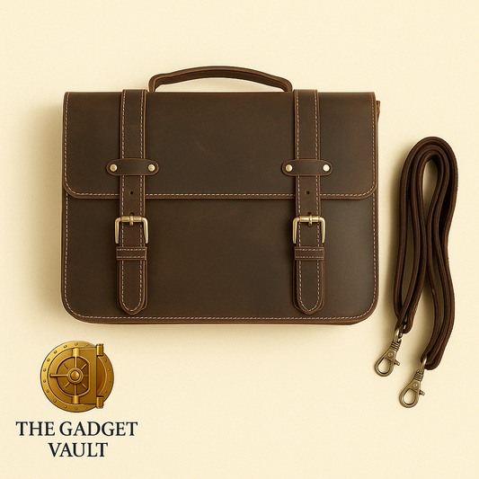 Donkerbruine Crazy Horse lederen aktetas met afneembare schouderriem, plat liggend weergegeven op een zachte beige achtergrond. Het kluislogo van The Gadget Vault staat subtiel linksonder.
