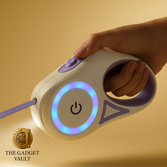 “Luxe automatische hondenriem met paarse accenten en LED-verlichting, gepresenteerd op een beige achtergrond met het gouden kluislogo van The Gadget Vault.”