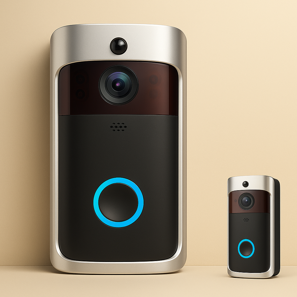 Zilver-zwarte slimme videodeurbel met HD-camera en blauw verlichtingsring, geschikt voor draadloze installatie en compatibel met mobiele apps – gepresenteerd door The Gadget Vault.