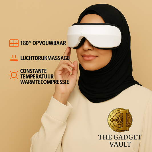 Vrouw met zwarte hijab gebruikt een witte draadloze oogmassagebril met luxe uitstraling, tegen een beige achtergrond. Links staan Nederlandse icoontjes en tekst met productfuncties: 180° opvouwbaar, luchtdrukmassage en constante temperatuur warmtetherapie. Rechtsonder het logo van The Gadget Vault.