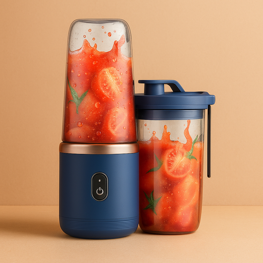 Luxe blauwe draagbare blender met doorzichtige beker gevuld met vers fruit en sap, afgebeeld op een elegante beige achtergrond in merkstijl van The Gadget Vault, zonder tekst.