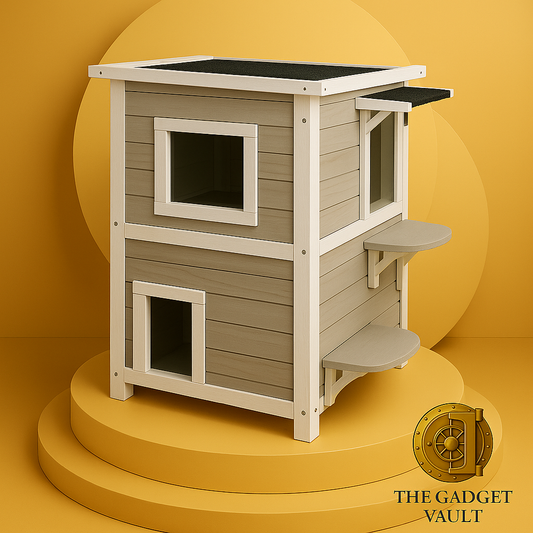 Twee verdiepingen tellend houten kattenhuis met wit en grijs frame, voorzien van open dak, twee ramen, interne doorgang en water- en hittebestendige dakbedekking, gepresenteerd op een stijlvolle beige achtergrond met het gouden kluislogo van The Gadget Vault.