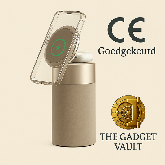 Draadloze 3-in-1 oplader met bluetooth speaker en nachtlampje, weergegeven in goud/beige kleur, met telefoon en oordopjes op het oplaadstation en het logo van The Gadget Vault subtiel toegevoegd.