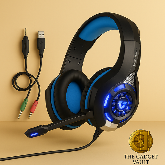 Gaming headset met blauwe oorkussens, verstelbare microfoon en meegeleverde kabels, gepresenteerd op een luxe beige achtergrond met The Gadget Vault-logo.