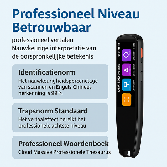 Digitale promotieafbeelding van een slimme vertaalscanner-pen met kleurenscherm, waarbij de functies worden getoond zoals nauwkeurige vertaling, scanherkenning van 99% en toegang tot een professionele woordenboekdatabase in de cloud.
