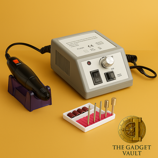 Elektrische nagelfreesmachine met bedieningskast, zwarte handstukhouder en set schuurkoppen en rolletjes, ideaal voor professionele nagelverzorging thuis.
