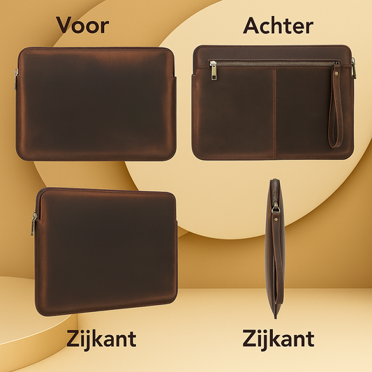 Vier aanzichten van een luxe donkerbruine lederen laptopsleeve op een elegante beige-gouden achtergrond, met opschriften ‘Voor’, ‘Achter’ en ‘Zijkant’. De sleeve bevat een rits, een polsriem en een glad vintage oppervlak.