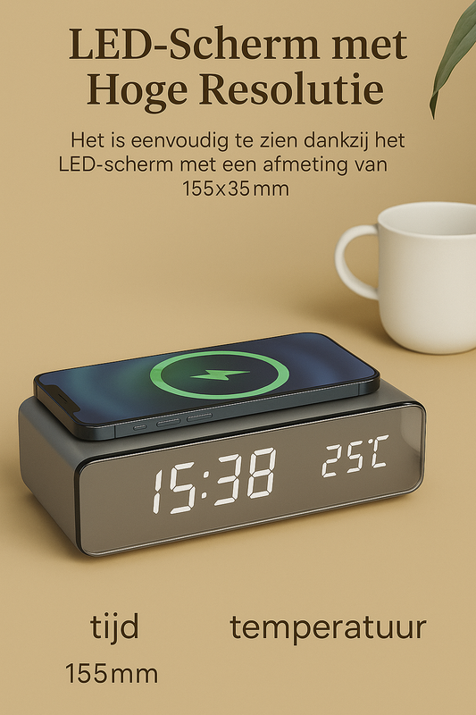 Draadloze HD LED-spiegelklok met oplaadfunctie, temperatuurweergave en tijdsweergave in het Nederlands, naast een koffietas en smartphone op de oplaadzone, afgebeeld op een lichte ondergrond.