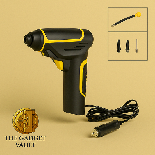 Draagbare elektrische luchtcompressor met accessoires voor auto, fiets en sportartikelen – zwart met gele accenten – inclusief opzetstukken en 12V autoplug – The Gadget Vault.