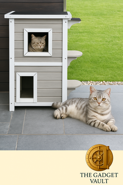 Grijze en witte houten kattenvilla met twee verdiepingen en zwarte dakbedekking, geplaatst buiten op een terras met gras op de achtergrond. Een grijze kat kijkt uit het bovenste raam, terwijl een liggende kat ontspant voor de villa. Het gouden kluislogo van The Gadget Vault is subtiel zichtbaar.”