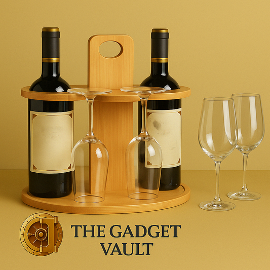 Bamboe wijnrek met handvat, geschikt voor 2 flessen en 4 wijnglazen – luxe woonaccessoire op beige achtergrond met The Gadget Vault logo.