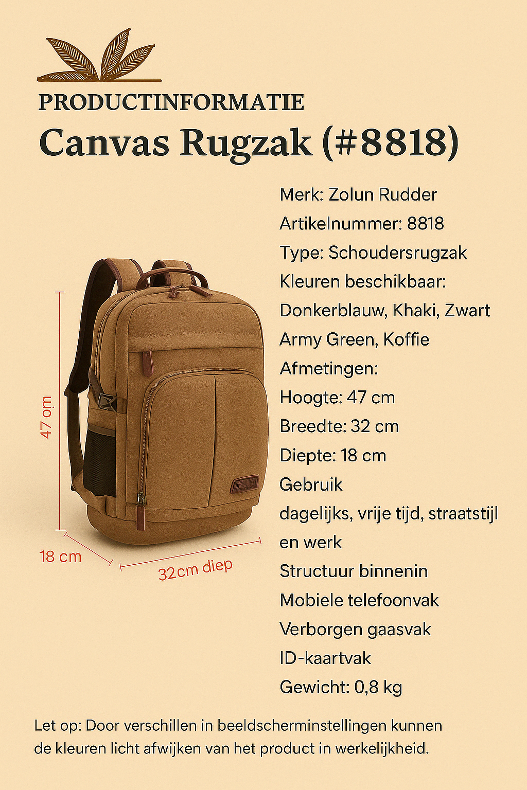 Khaki-kleurige canvas rugzak met lederen details, mesh zijvak en ruime compartimenten, elegant gepresenteerd op een beige achtergrond met het gouden kluislogo van The Gadget Vault.