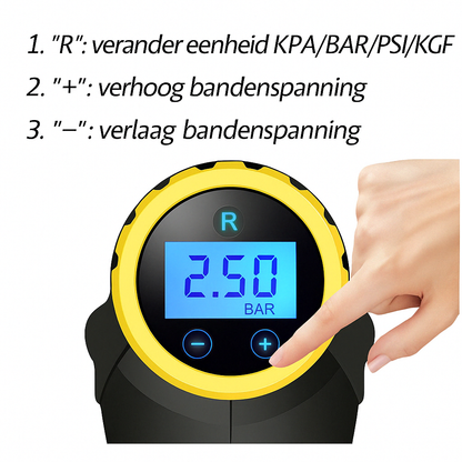 Detailweergave van het digitale display van een draagbare luchtcompressor, met een vinger die op de “+”-knop drukt om de bandenspanning te verhogen. Het scherm toont 2.50 BAR en geeft de verschillende functies weer zoals modus wisselen (KPS/BAR/PSI/KGF), verhogen en verlagen van druk.