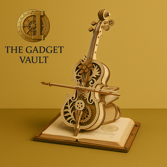 Een artistieke 3D houten muziekdoos in de vorm van een cello, geplaatst op een open vintage boek, met fijne tandwielen en bloemmotieven, perfect voor muziekliefhebbers en puzzelfanaten. Achtergrond in warme huiskamersfeer met decoratieve boeken en een schilderijlijst.