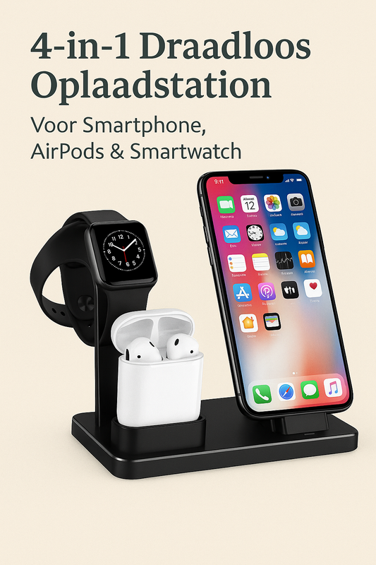 4-in-1 draadloos oplaadstation voor smartphone, AirPods en smartwatch, gepresenteerd op een beige achtergrond.