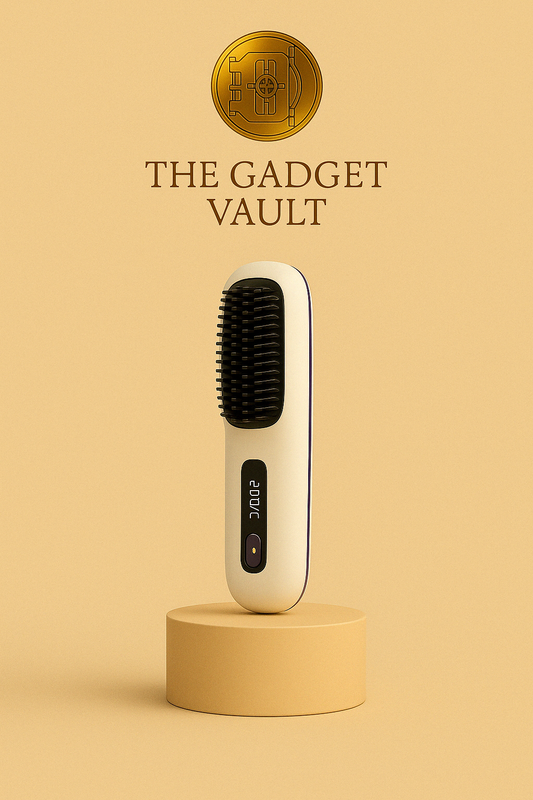 Luxe visual van een draadloze 2-in-1 stijltangborstel in wit design met temperatuurdisplay, gepresenteerd op een elegante paarse achtergrond – exclusief bij The Gadget Vault.