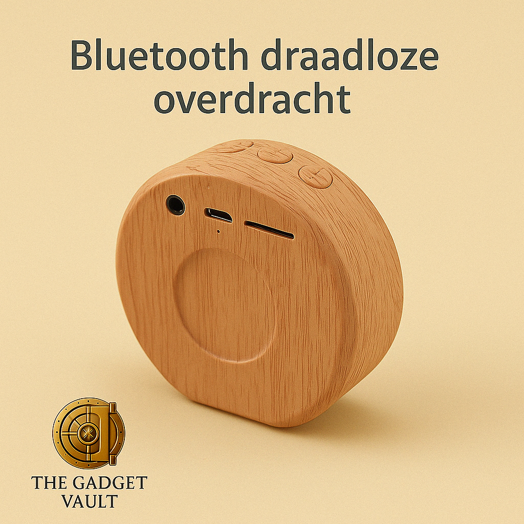 Een digitale foto toont een compacte houten Bluetooth-speaker met bedieningsknoppen en aansluitingen aan de bovenzijde, geplaatst tegen een achtergrond met krantenprint. Linksonder is subtiel het gouden kluislogo van The Gadget Vault zichtbaar.