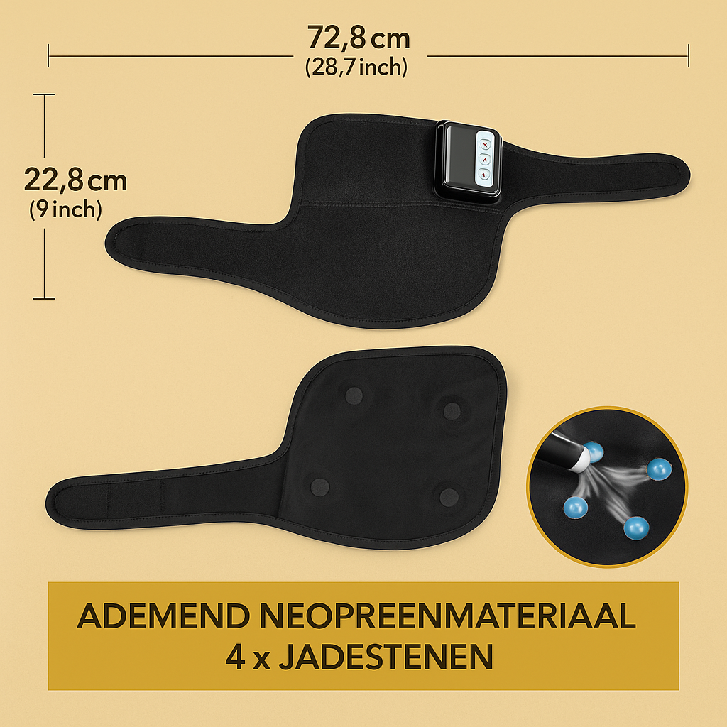 Twee zwarte verstelbare kniebraces van ademend neopreen, gepresenteerd tegen een warme beige achtergrond. Bovenaan is een brace te zien met bedieningspaneel; onderaan een opengeklapte brace met vier geïntegreerde jadestenen. Een detailafbeelding rechts toont de jadestenen van dichtbij. Tekst onderaan: “Ademend Neopreenmateriaal – 4 x Jadestenen”.