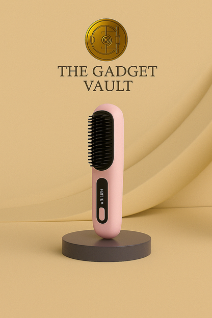 Roze draadloze 2-in-1 stijltangborstel met LCD-display, elegant gepresenteerd op een futuristische standaard in een paars verlichte omgeving.