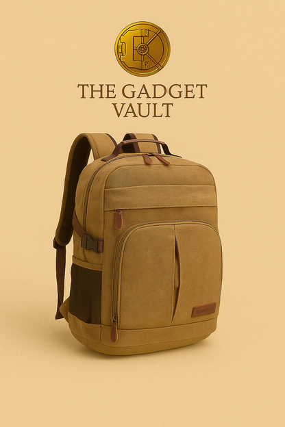 Khaki-kleurige canvas rugzak met lederen details, mesh zijvak en ruime compartimenten, elegant gepresenteerd op een beige achtergrond met het gouden kluislogo van The Gadget Vault.