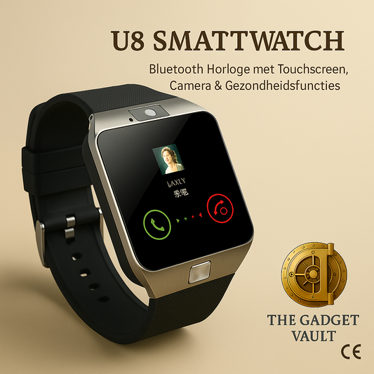 Een volledig zwarte U8 Smartwatch met touchscreen, weergegeven op een donkere achtergrond. Het display toont een actieve Bluetooth-oproepinterface met icoontjes voor opnemen en weigeren, en benadrukt het strakke, moderne design.