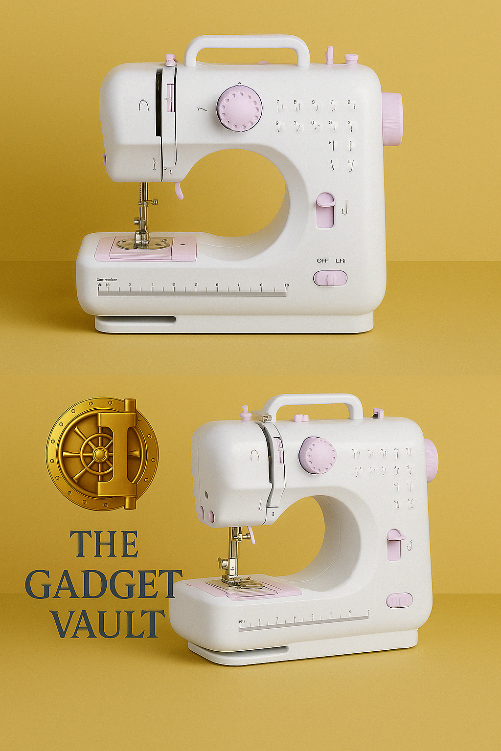 Voor- en achteraanzicht van een compacte, witte naaimachine met paarse accenten, ontworpen voor beginners, met draaggreep, instelbare steekpatronen en draadspoelmechanisme – The Gadget Vault brandingstijl.