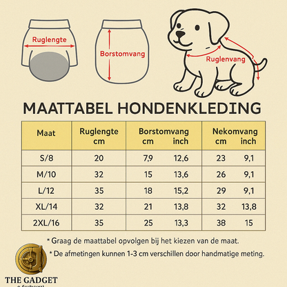 Maattabel voor hondenkleding met illustratie van meetpunten (nek, borstomtrek, ruglengte) en gedetailleerde afmetingen in cm en inch voor maten S t.e.m. 2XL – stijlvol gepresenteerd in The Gadget Vault brandingstijl.