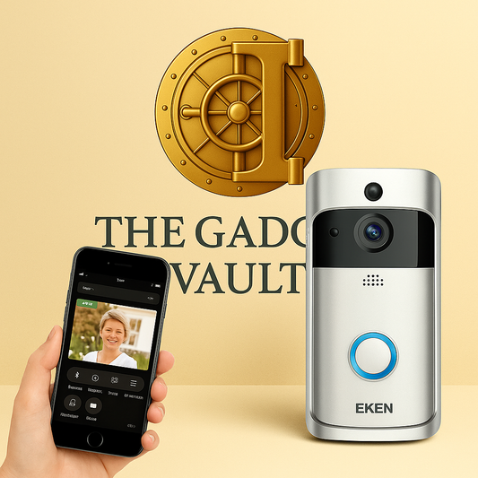 Zilveren draadloze videodeurbel van EKEN met HD-camera en bewegingsdetectie, verbonden met smartphone-app, getoond op een beige achtergrond met The Gadget Vault-branding.