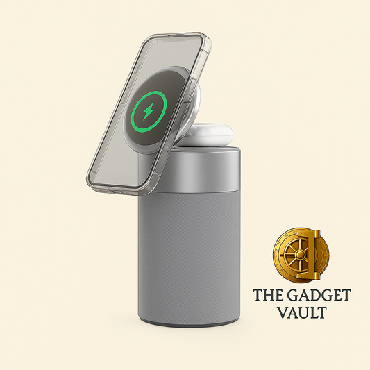 Grijze 3-in-1 draadloze oplader met Bluetooth speaker en touchlamp, in gebruik met iPhone en AirPods – luxe design, CE-gekeurd, afgebeeld met The Gadget Vault logo.