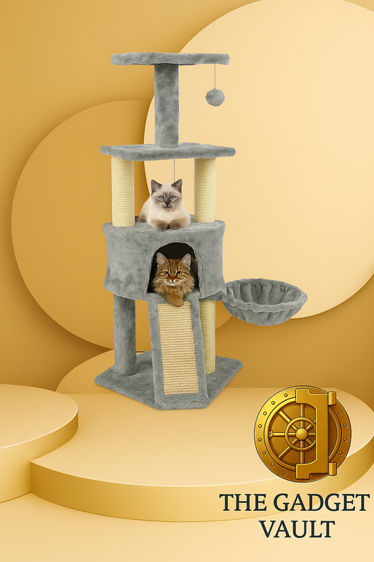 Een luxe grijze kattenklimtoren met meerdere niveaus, inclusief een rustmand, krabpalen met sisaltouw, speelballetjes aan koordjes en een knusse kattenhol. Twee kittens zijn zichtbaar terwijl ze de klimtoren gebruiken. Het product wordt weergegeven op een witte achtergrond met het logo van The Gadget Vault rechtsonder.