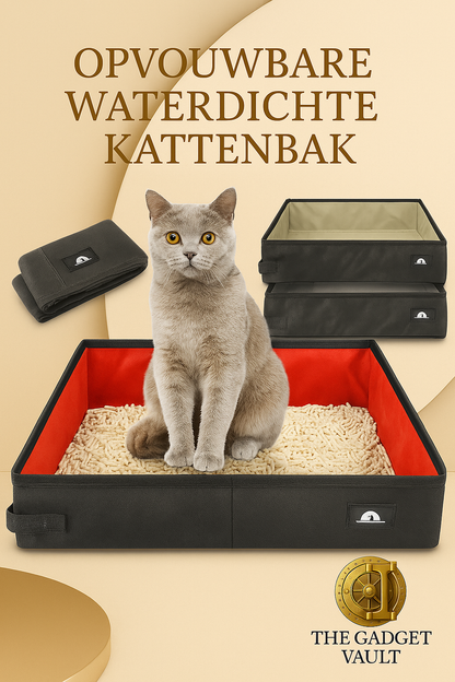 Opgevouwen en uitgevouwen draagbare kattenbak van waterdicht Oxford-materiaal in zwart-rood design, met een grijze kat die comfortabel in het midden zit — The Gadget Vault stijl.