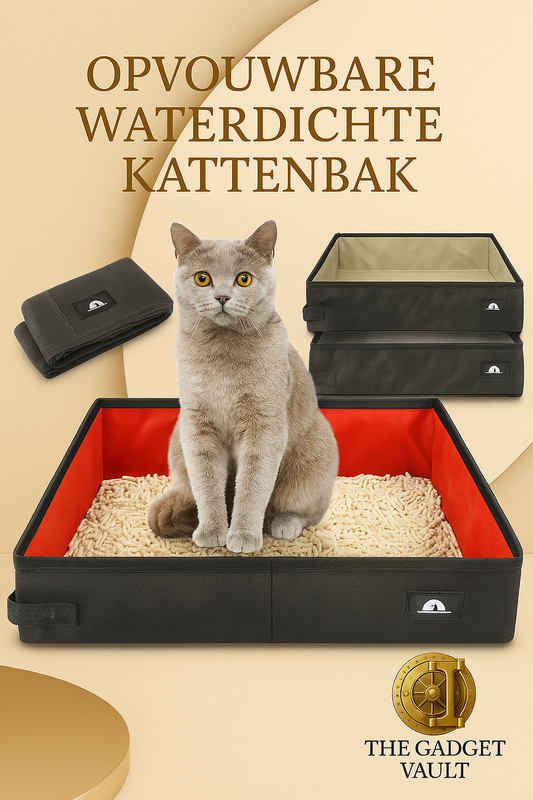 Opgevouwen en uitgevouwen draagbare kattenbak van waterdicht Oxford-materiaal in zwart-rood design, met een grijze kat die comfortabel in het midden zit — The Gadget Vault stijl.