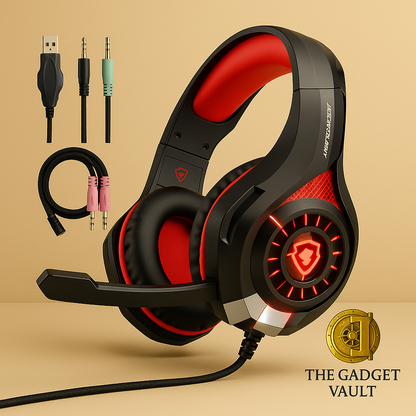 Gaming headset met blauwe oorkussens, verstelbare microfoon en meegeleverde kabels, gepresenteerd op een luxe beige achtergrond met The Gadget Vault-logo