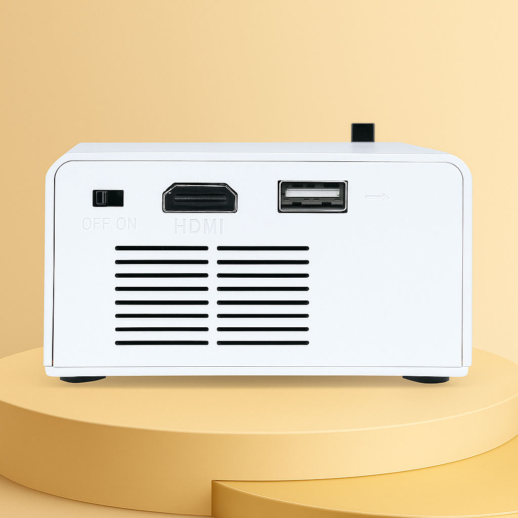 Achteraanzicht van een compacte mini beamer met HDMI-, USB- en stroomschakelaar-aansluitingen, ontworpen voor draagbaar gebruik.