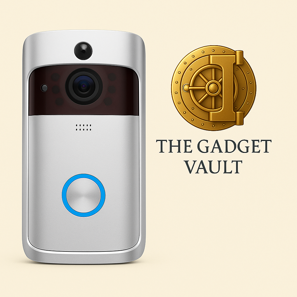 Strakke zilverkleurige slimme videodeurbel met HD-camera en blauwe LED-ring, geschikt voor draadloze installatie en mobiele bediening – aangeboden door The Gadget Vault.
