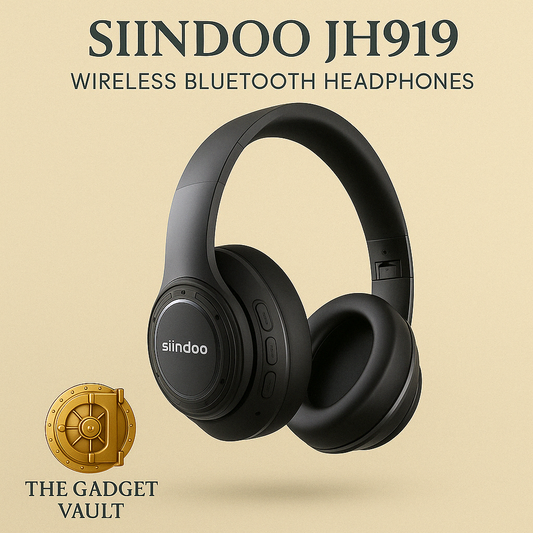 Digitale productvisual van de Siindoo JH919 draadloze Bluetooth-koptelefoon in matzwart design, met comfortabele oorschelpen en zijbediening, gepresenteerd in luxe goud/beige stijl met The Gadget Vault-logo.