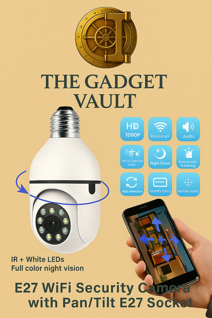 Promotionele visual van een E27 WiFi Beveiligingscamera met Full HD-resolutie, pan/tilt-functie, IR + witte LED’s voor nachtzicht, en bediening via smartphone-app. De afbeelding toont de slimme lampvormige camera met rotatiepijlen en bedieningsscherm op een mobiel toestel, geplaatst op een zachte paarse achtergrond