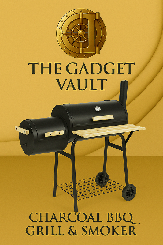 Zijaanzicht van een luxe 2-in-1 houtskoolbarbecue en smoker met houten zijplank en wieltjes, gepresenteerd in de gouden brandingstijl van The Gadget Vault.