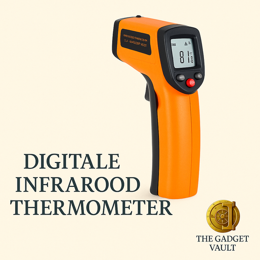 Digitale infrarood thermometer in oranje en zwart design met verlicht scherm, weergegeven op beige achtergrond met goudkleurig kluislogo van The Gadget Vault rechtsonder en opschrift “Digitale Infrarood Thermometer” onderaan.